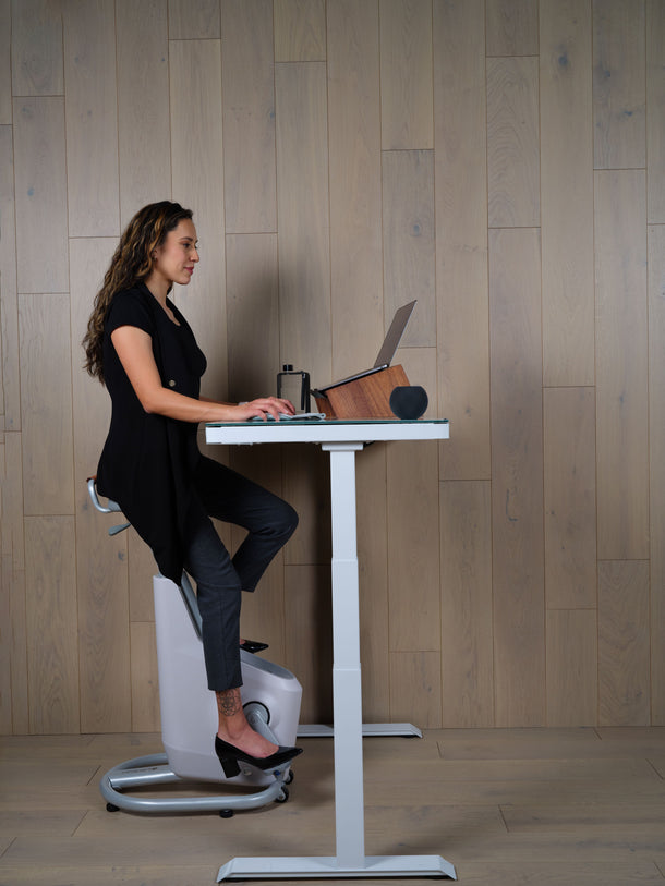 LifeSpan Ampera Bike Desk Glacier White with Glass Standing Desk